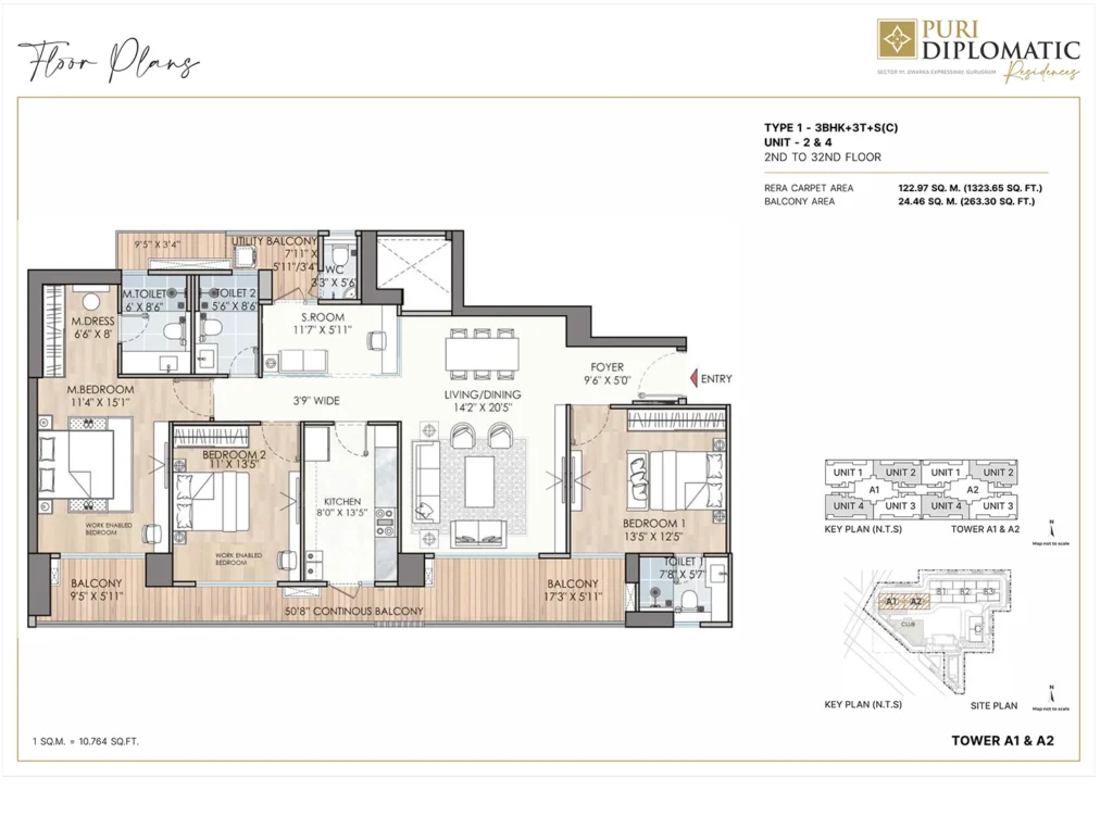 Puri diplomatic residences 3BHK + 3T+S(type 1)-floor plan