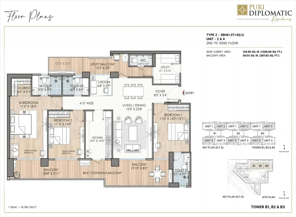 Puri diplomatic residences 3BHK + 3T+S(type 2)-floor plan