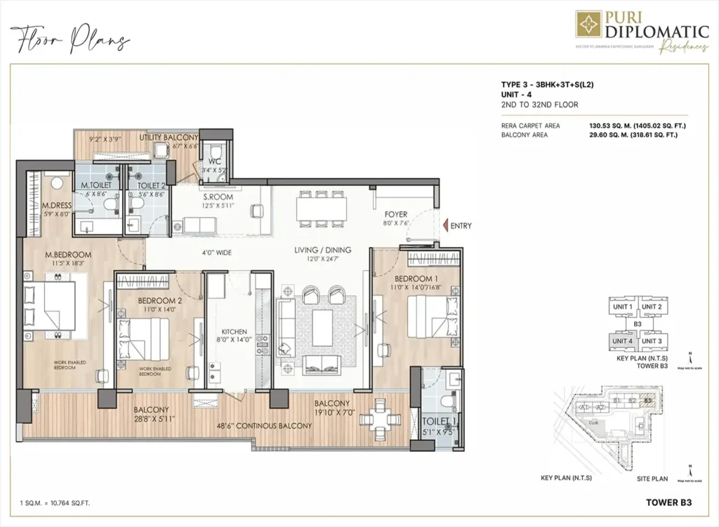 Puri diplomatic residences 3BHK + 3T+S(type 3)-floor plan