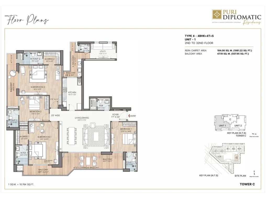 Puri diplomatic residences 4BHK +4T+S(type 4)-floor plan